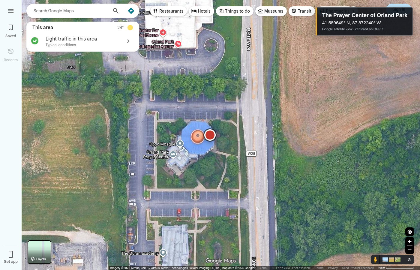 Google satellite view centered on The Prayer Center of Orland Park at 41.589649 north, 87.872240 west