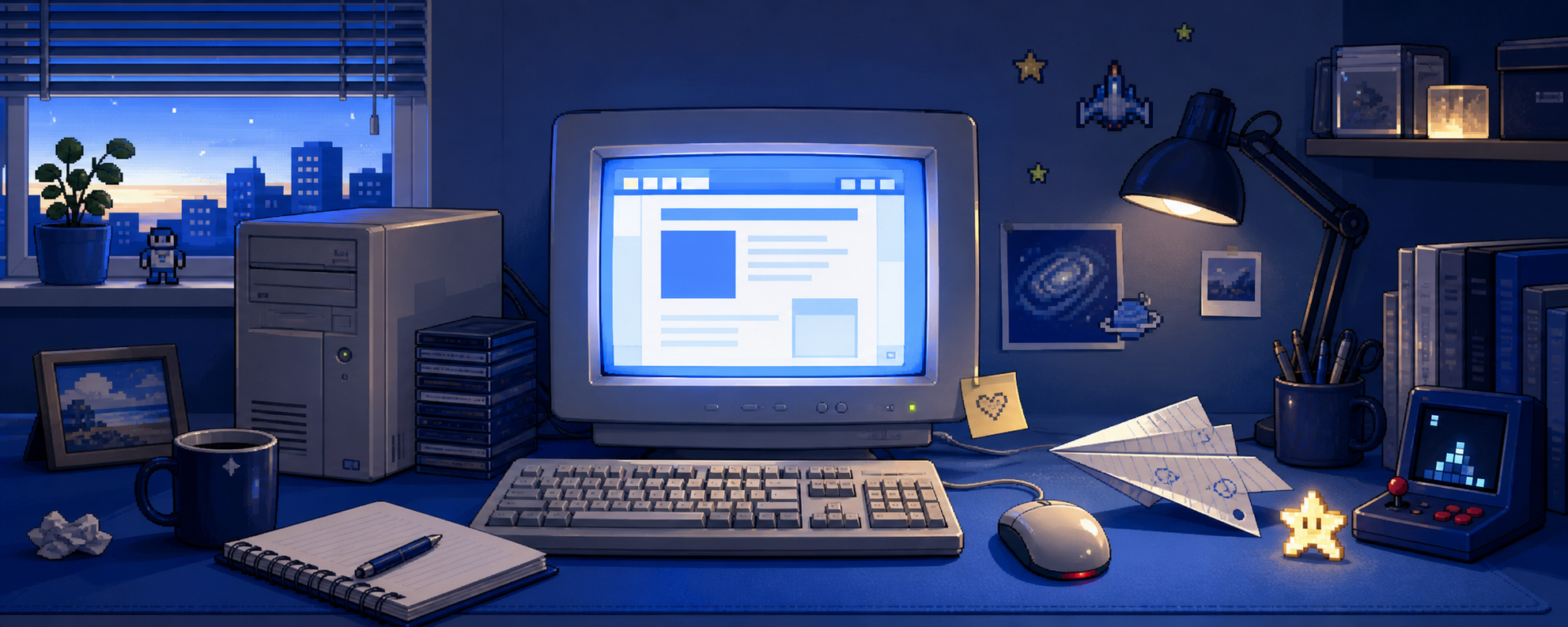 Welcome to muhamad.org — a retro blue creative workbench with a CRT, arcade details, and a paper plane