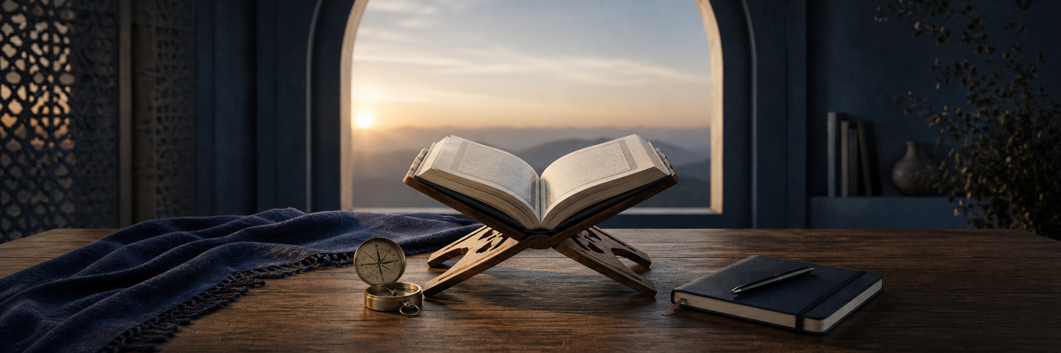 An open Qur’an on a wooden stand beside a compass and notebook at first light